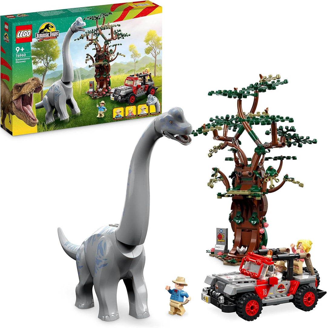 LEGO 76960 Jurassic Park Entdeckung des Brachiosaurus, Dinosaurier Spielzeug mit Figur und Jeep, Sam