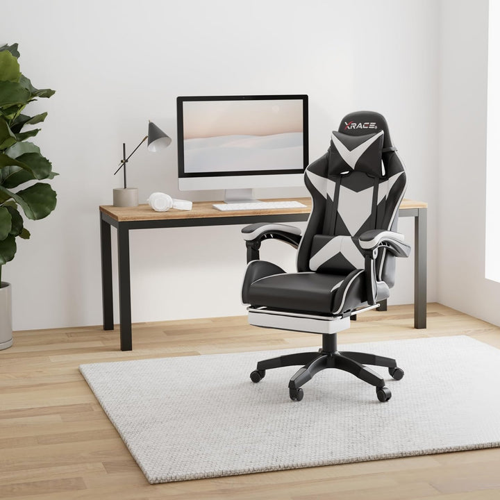 xRace Gaming-Stuhl Hoher Drehstuhl aus Leder mit Lendenwirbelstütze, Kopfstütze und Fussstütze, vers