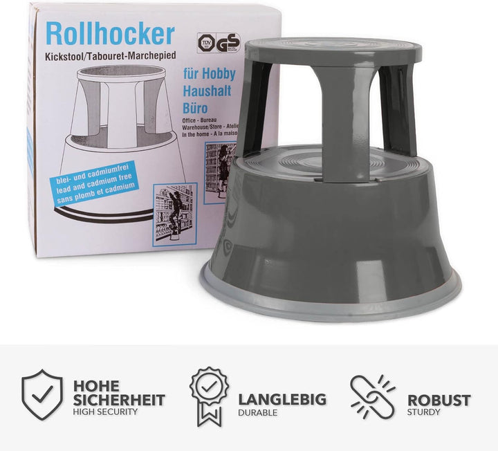 Tritthocker aus Stahl von Casa Pura®, mit Rollen, rutschfeste Gummi-Trittfläche, stoss- & rostbestän