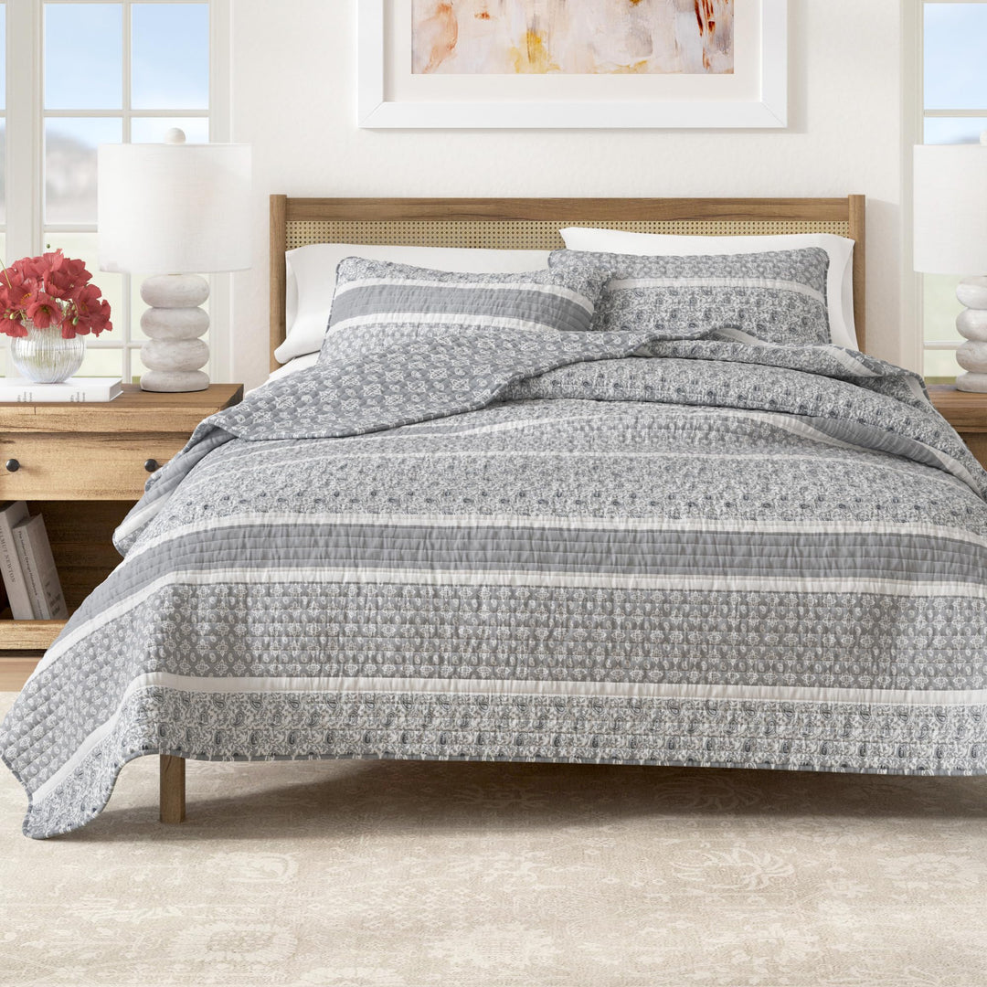 Great Bay Home Bettwäsche-Set, 3-teilig, wendbar, graue Steppdecke mit 2 Kissenbezügen, leicht, alle