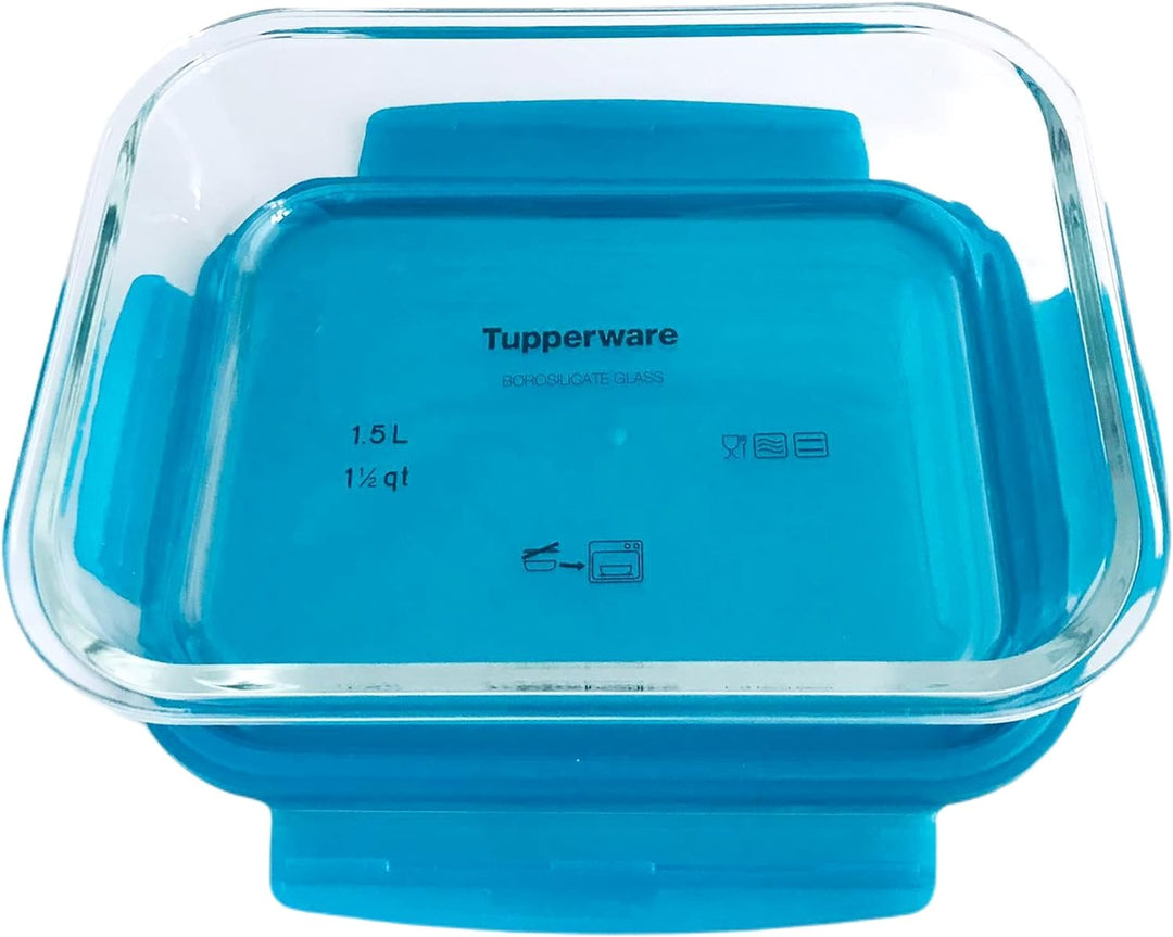 Tupperware Premiaglas 1,5 L Premia Glas transparent türkis Backofenfest (ohne Grill) auch für Mikrow