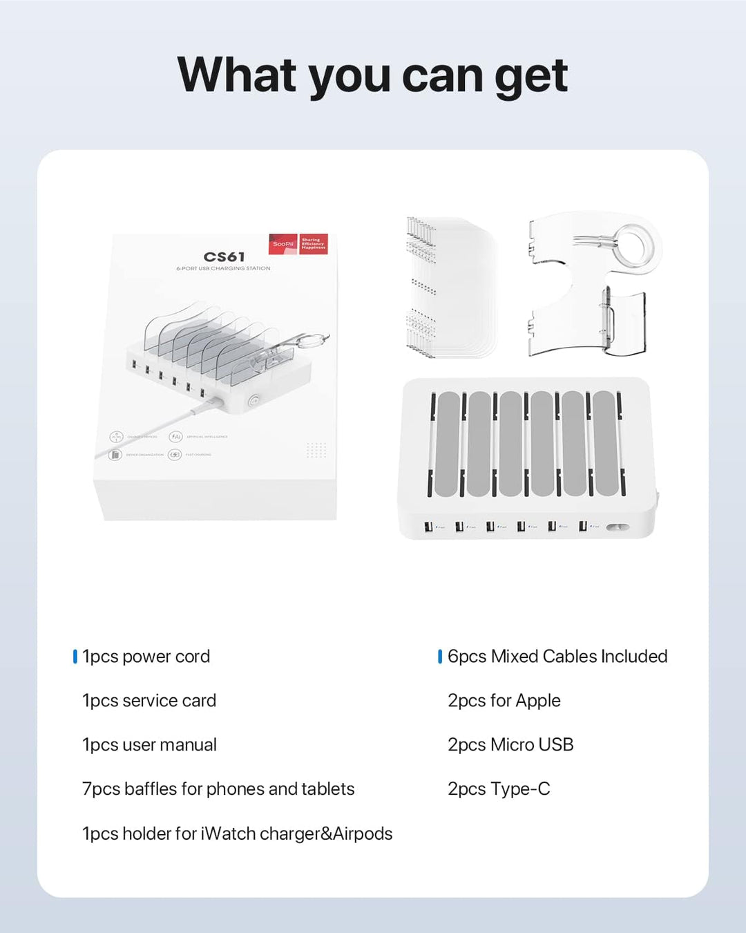 SooPii USB-Ladestation Organizer für mehrere Geräte, 6 Ports 50W Ladestation mit 6 Kabeln und aktual