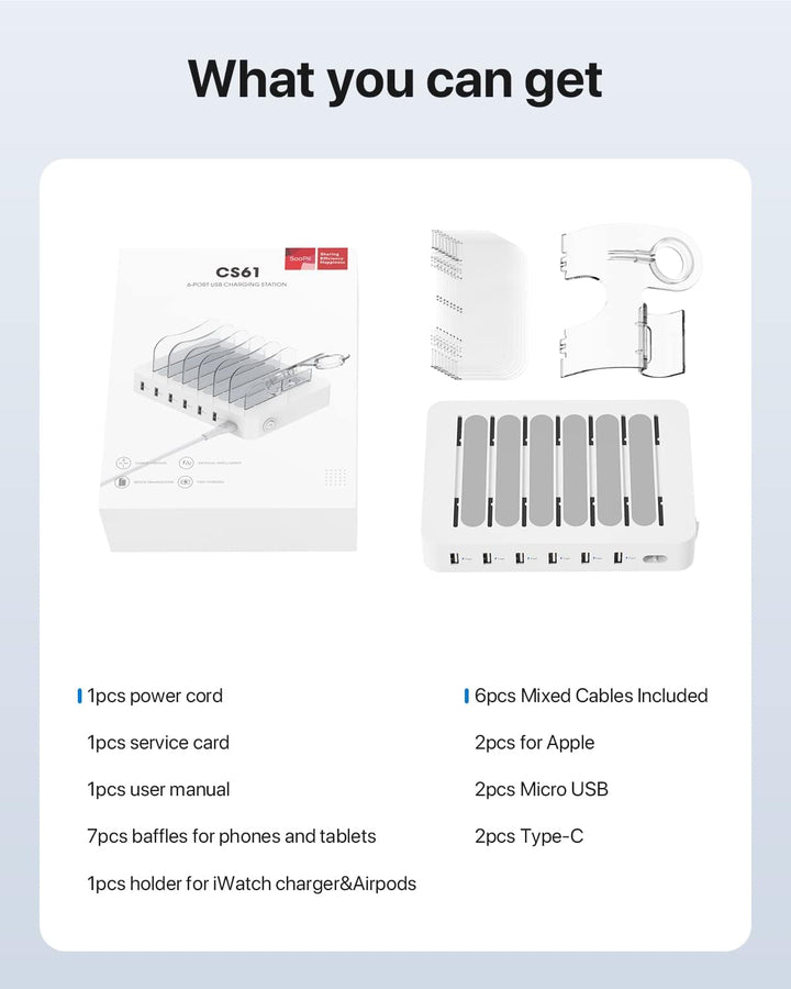SooPii USB-Ladestation Organizer für mehrere Geräte, 6 Ports 50W Ladestation mit 6 Kabeln und aktual
