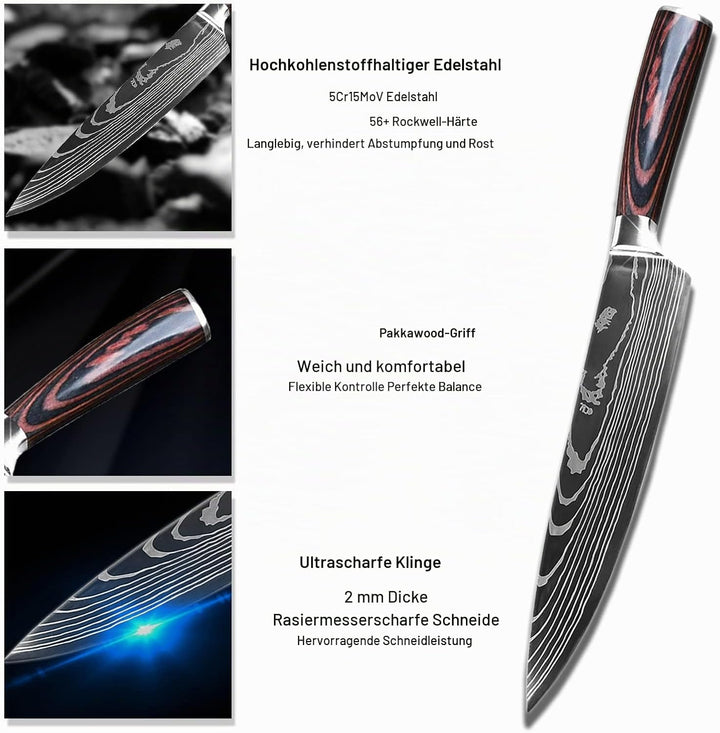 Gustrug Messerset 5-tlg Küchenmesser Set mit Ergonomischen Griff, Profi Messer Set aus Hochwertigem