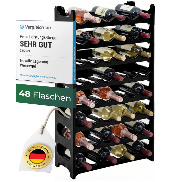Novaliv Flaschenregal für 48 Flaschen aus Kunststoff, erweiterbar, Weinregal stapelbar, Schwarz, Get