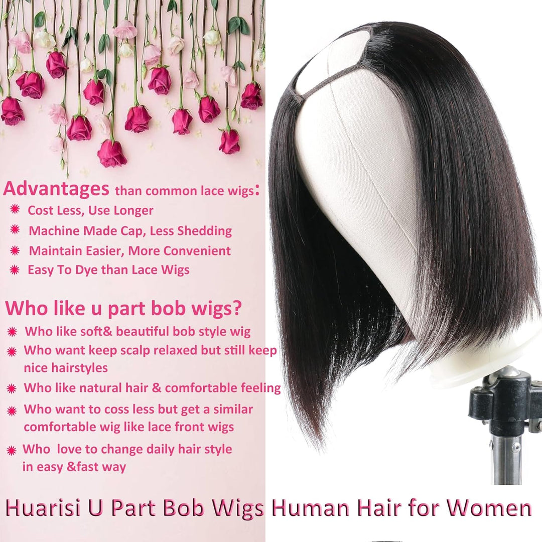 Huairisi 10 Inch Straight Bob Wigs for Women None Lace, Short Straight U Part Wig Bob Human Hair, Sh