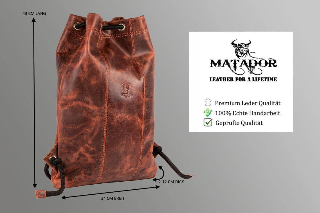 MATADOR Gymbag Turnbeutel Frauen Leder Sportbeutel Herren Rucksack Turntasche Lederrucksack Antik