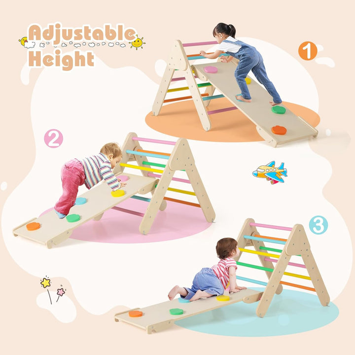 FANTASK 4 in 1 Klettergerüst mit rutsche, Kletterdreieck Holz inkl. doppelseitige Rampe & Kletterbog