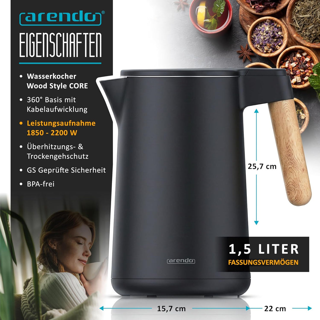 Arendo - Wasserkocher Edelstahl – 1,5 Liter - 2200 Watt – Doppelwand-Design – 360° Controller – BPA-