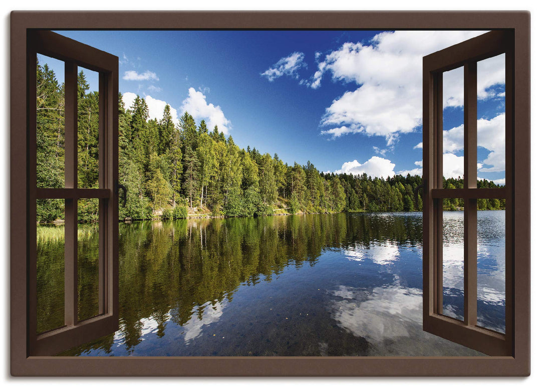 ARTland Leinwandbilder Wandbild Bild Leinwand 100x70 cm Fensterblick Wald See Landschaft Norwegen Na