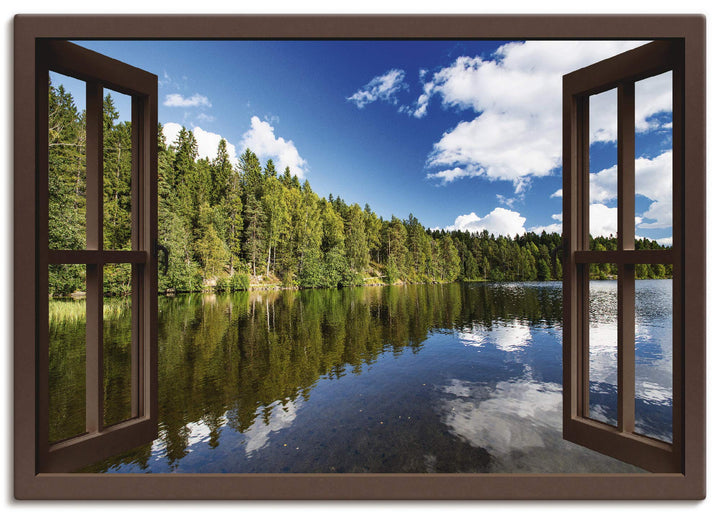 ARTland Leinwandbilder Wandbild Bild Leinwand 100x70 cm Fensterblick Wald See Landschaft Norwegen Na