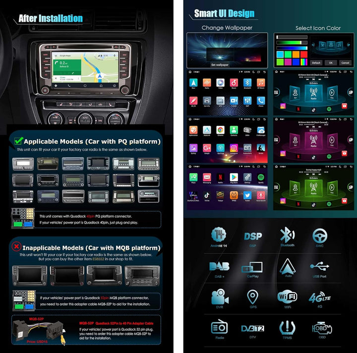 Erisin Android 14 8-Kern 4GB + 64GB Autoradio Mit GPS für VW Passat Golf 5/6 Touran Caddy Skoda Seat