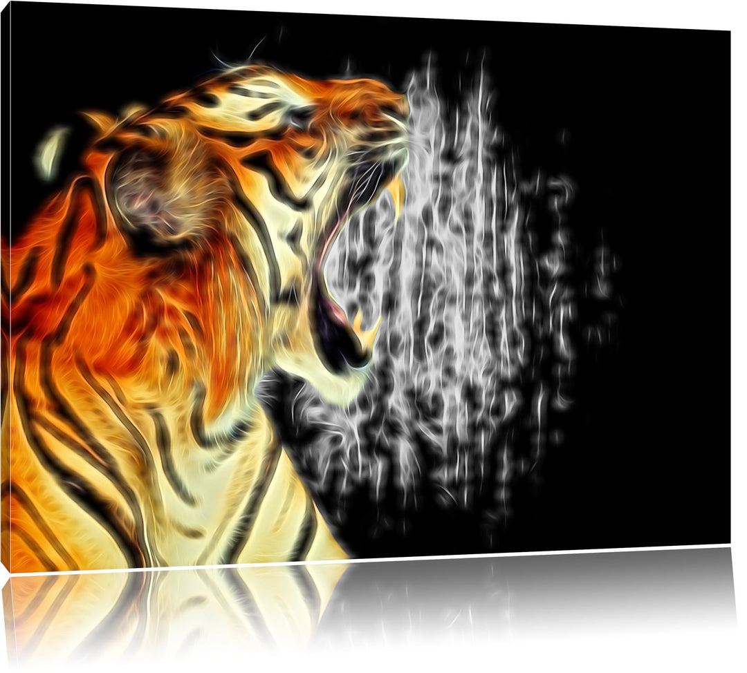 Dark Brüllender Tiger auf Leinwand, XXL riesige Bilder fertig gerahmt mit Keilrahmen, Kunstdruck auf
