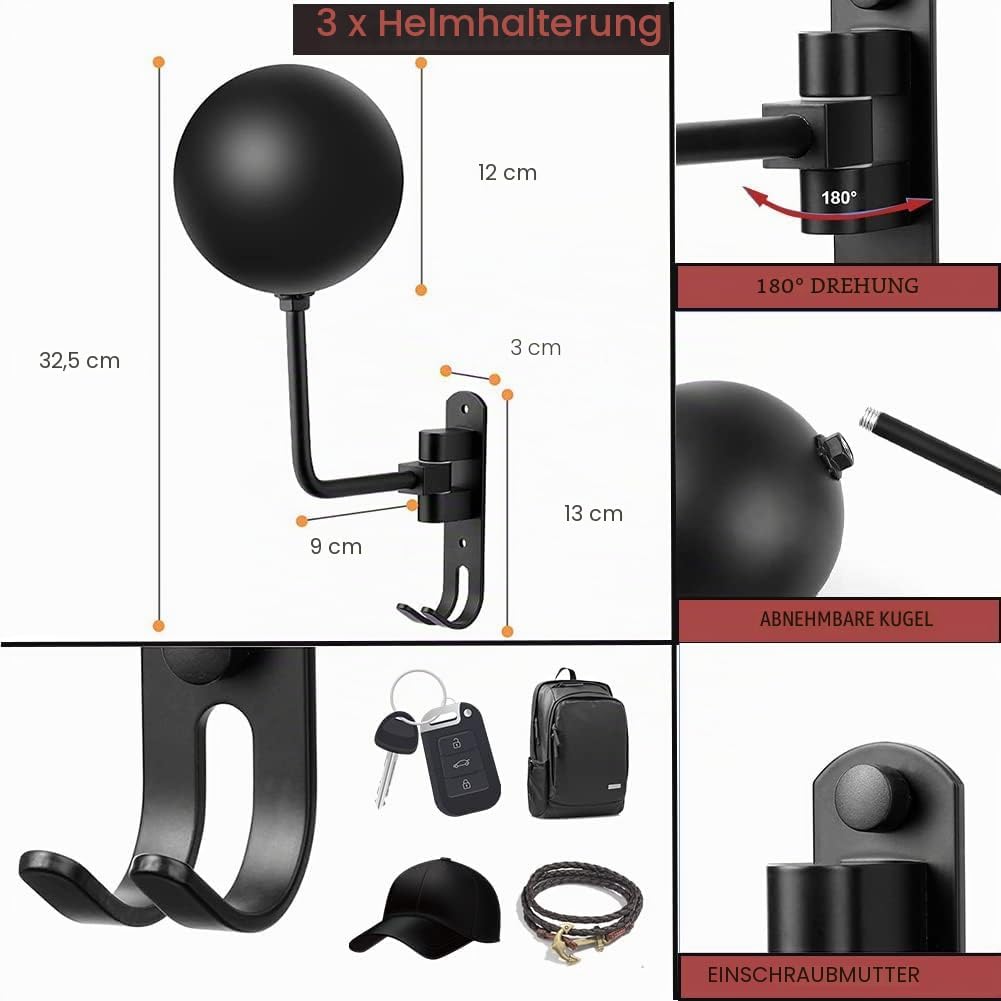 SANGMO 3 Stück 180 ° Motorradhelmständer, drehbarer Metall-Helmhalter, Wandhalterung, Helmhalter Fah