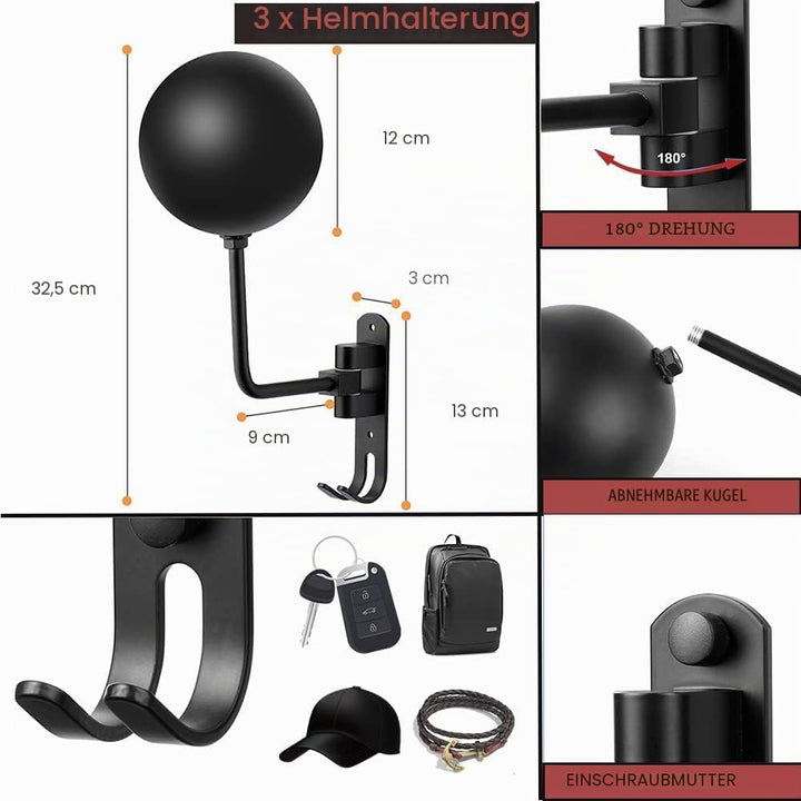 SANGMO 3 Stück 180 ° Motorradhelmständer, drehbarer Metall-Helmhalter, Wandhalterung, Helmhalter Fah