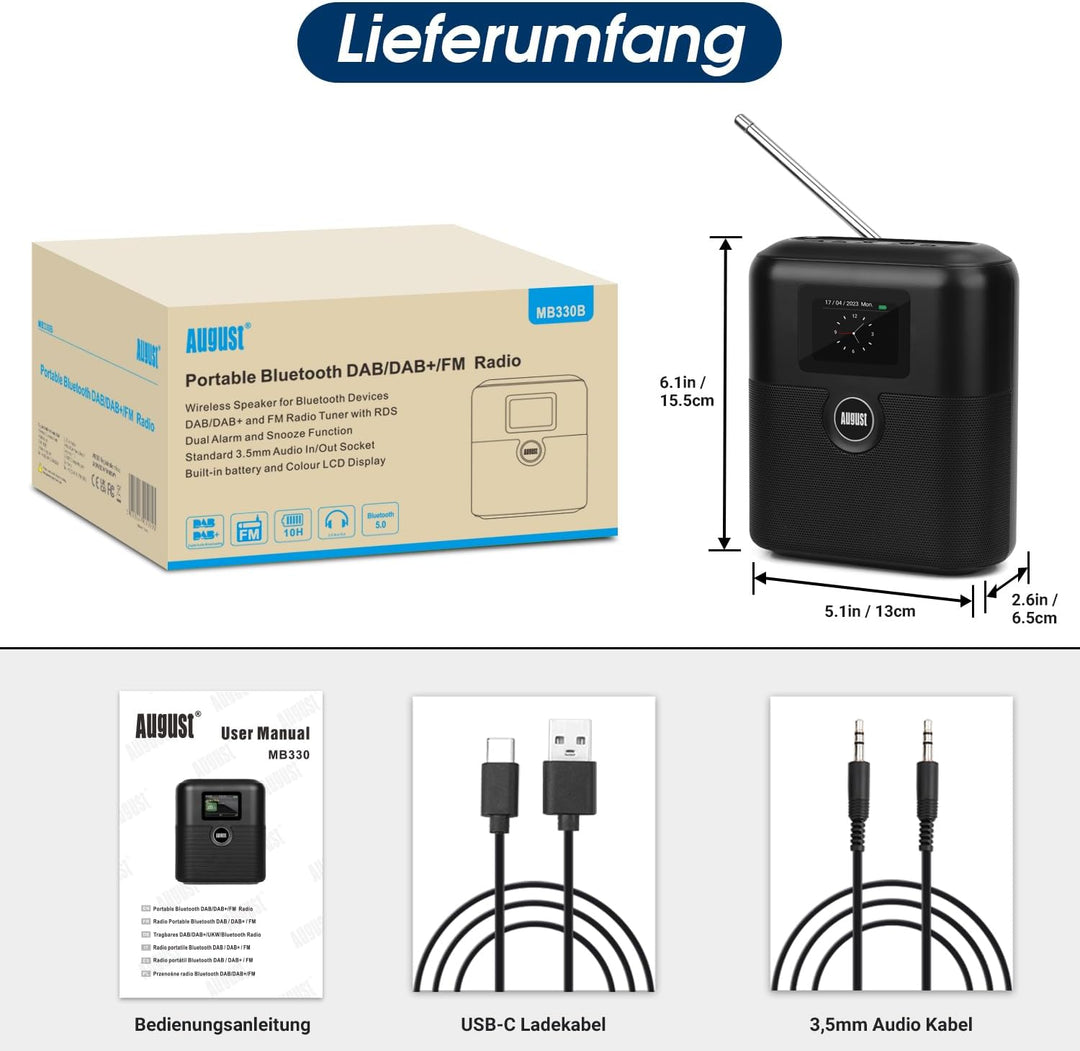 Wiederaufladbares DAB+/FM Radio mit Bluetooth Lautsprecher -August MB330- tragbarer Radiowecker mit