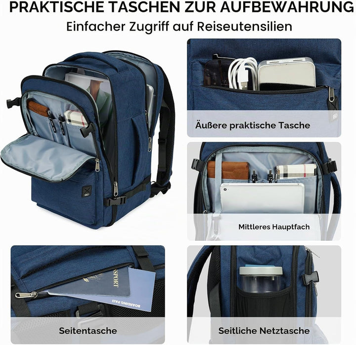 WANDF Handgepäck Rucksack 40x20x25cm für Ryanair Airlines, Untersitz-Reise-Handgepäck-Tasche mit Nas