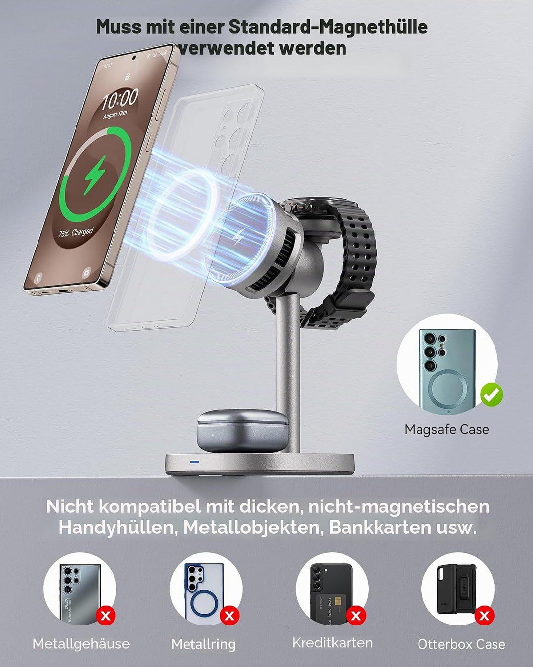 3 in 1 Induktive Ladestation für Samsung, 15W Wireless Charger mit TEC-Kühlung, Magsafe-Ladegerät fü