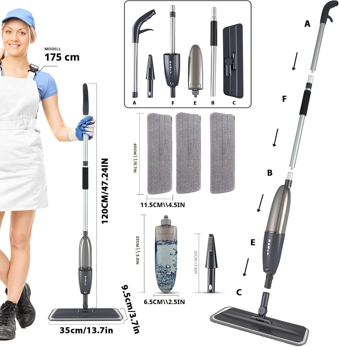 Grauer Wischer mit Sprühfunktion, 360° drehbarer Bodensprühwischer mit 3 waschbaren Mikrofaserpads,
