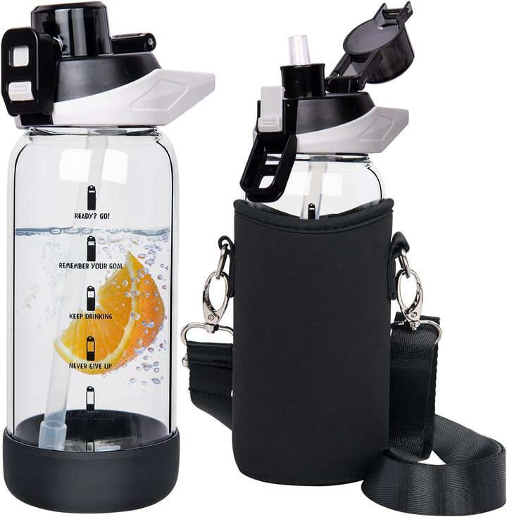 Seekua 0.6l Sport Trinkflasche Glas Flasche mit Strohhalm & Zeitmarkierung für Kinder, Schule 600ml