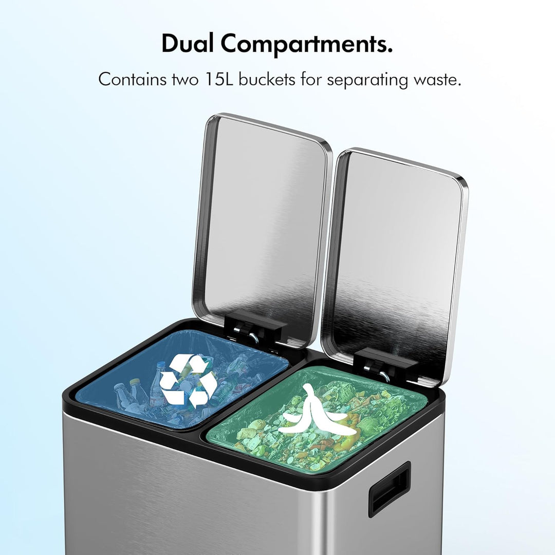 VonHaus Mülleimer Küche 2 Fächer, 30L Recycling Mülltrennsystem – Abfalleimer Biomüll, Rutschfester