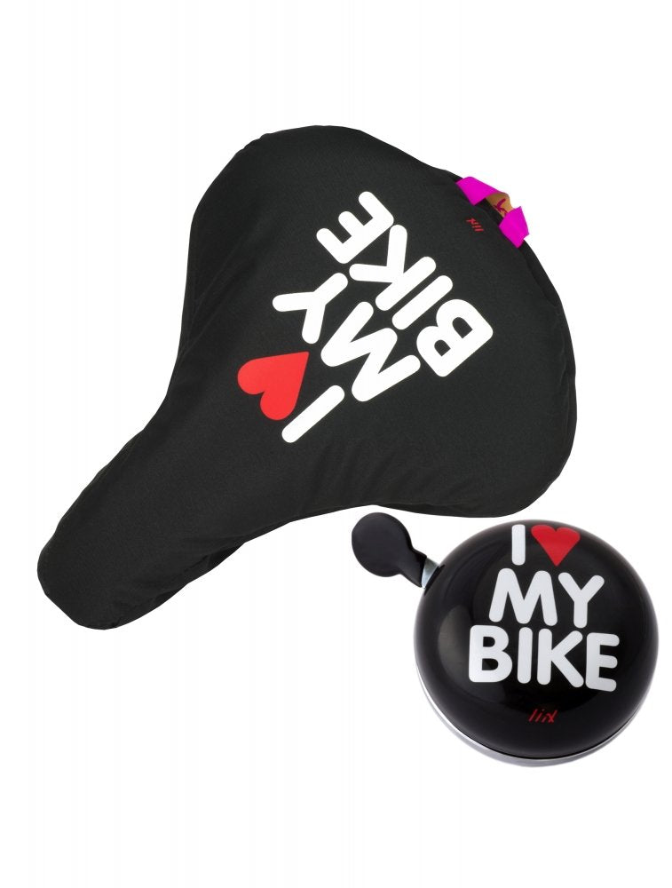 Liix Sattelbezug & Fahrradklingel Set Beauty Einheitsgrösse I Love My Bike Schwarz, Einheitsgrösse I