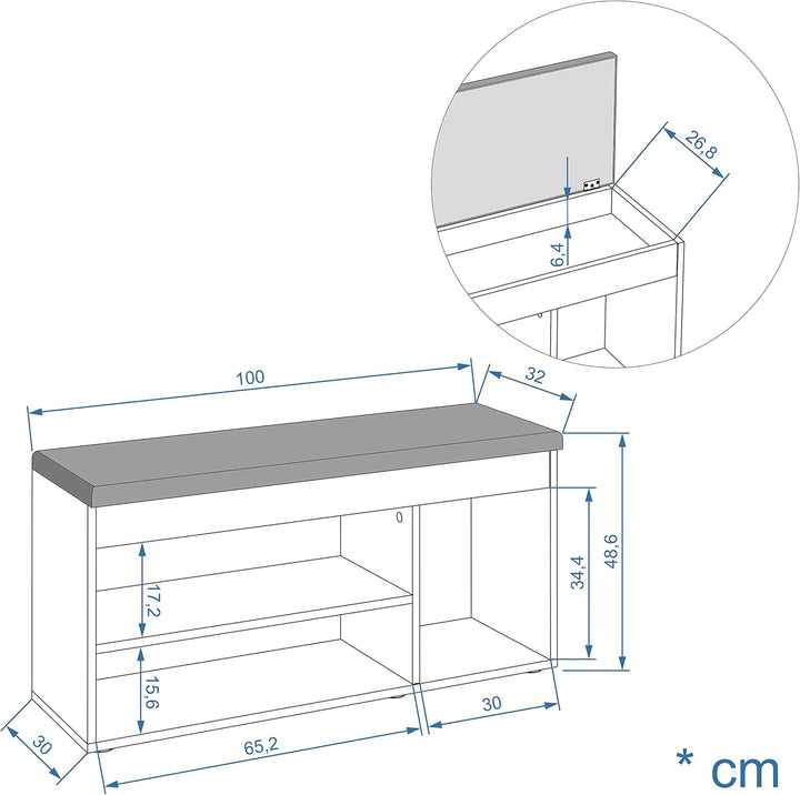 KOMTO Schuhbank mit Sitzfläche - Schuhregal Bank mit Stauraum Schwarz 100 x 48 x 32 cm Schuhschrank