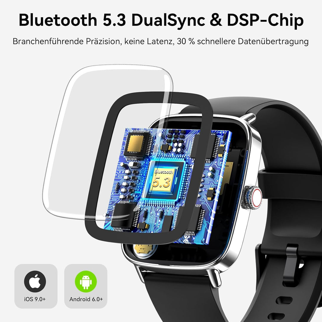 Smartwatch Herren Damen, 1.85" Smart Watch mit Telefonfunktion, Fitnessuhr mit Pulsuhr Schlafmonitor