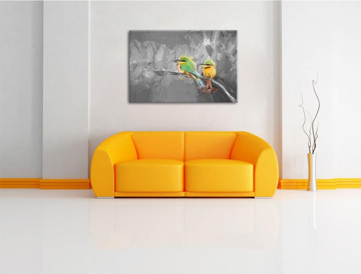 exotische Vögel auf Ast schwarz/weiss Deluxe Format: 100x70 cm auf Leinwand, XXL riesige Bilder fert