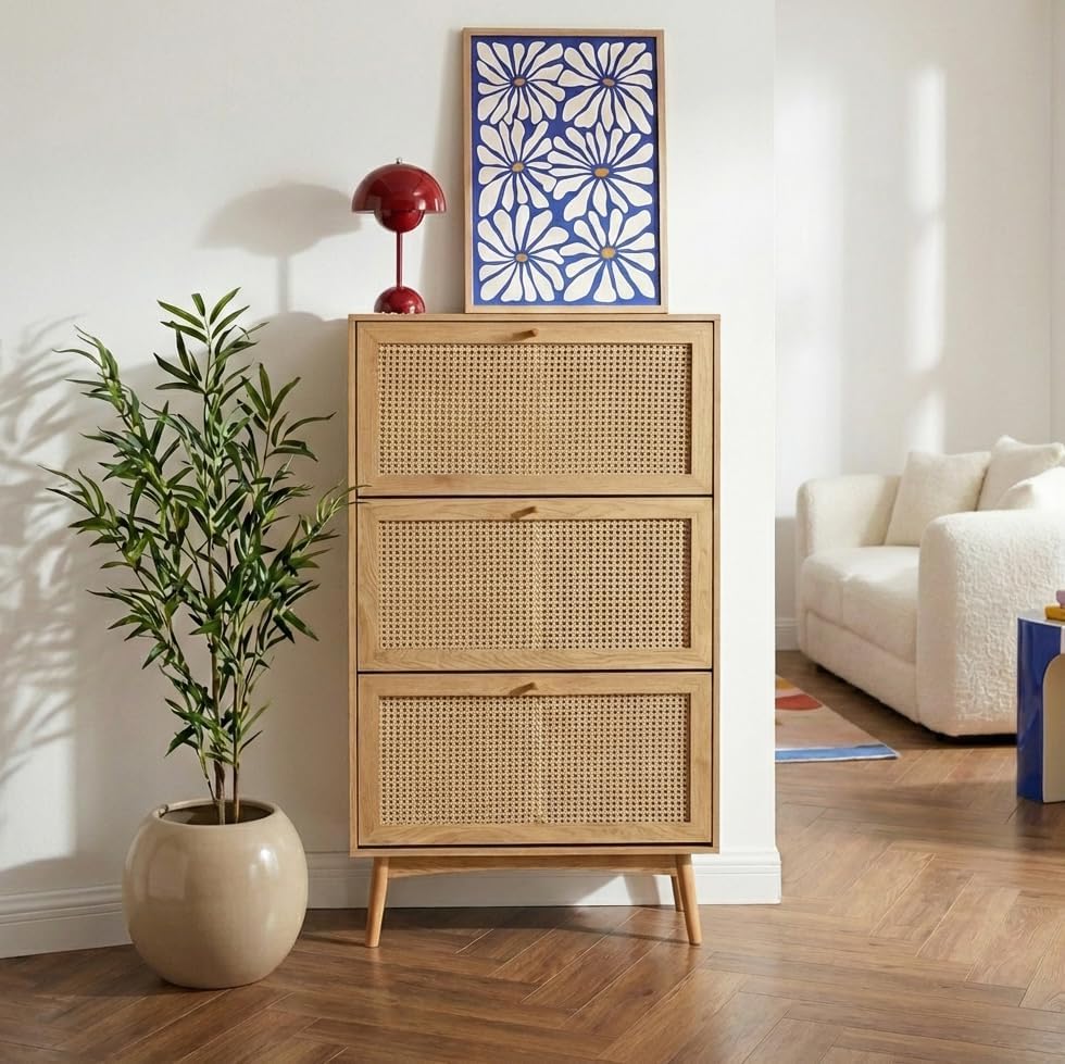 BAÏTA INES Schuhschrank in Eichenoptik und Rattangeflecht, Buchenholz, 80 cm