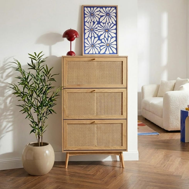 BAÏTA INES Schuhschrank in Eichenoptik und Rattangeflecht, Buchenholz, 80 cm