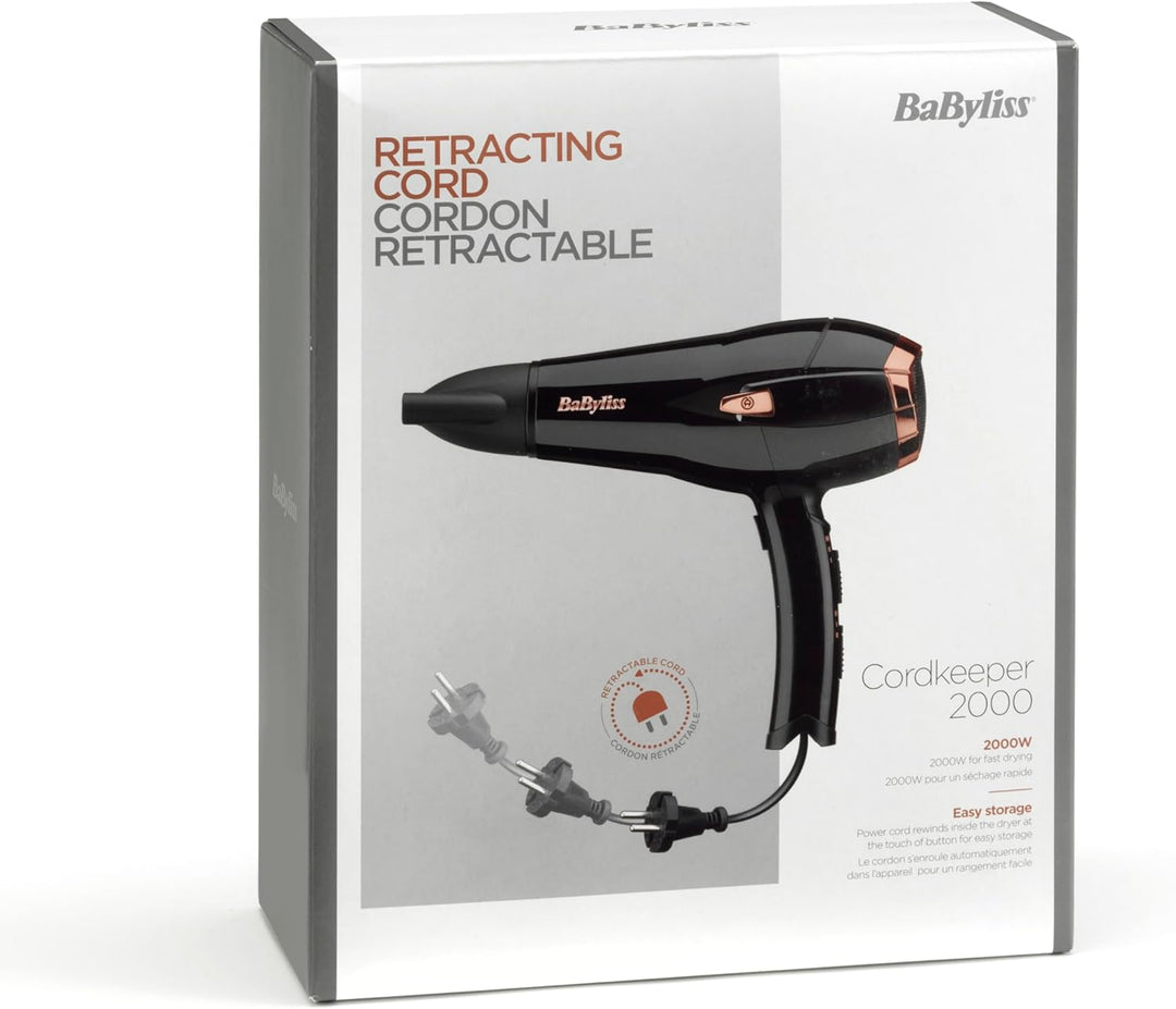 BaByliss Cordkeeper 2000 Ionic-Haartrockner D373E, einzigartige Kabeleinzugsfunktion Im Griff, 2000