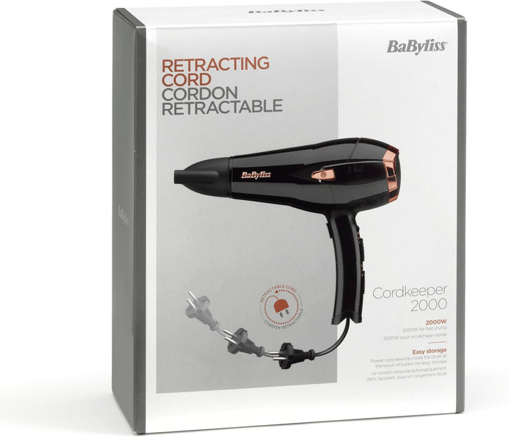 BaByliss Cordkeeper 2000 Ionic-Haartrockner D373E, einzigartige Kabeleinzugsfunktion Im Griff, 2000