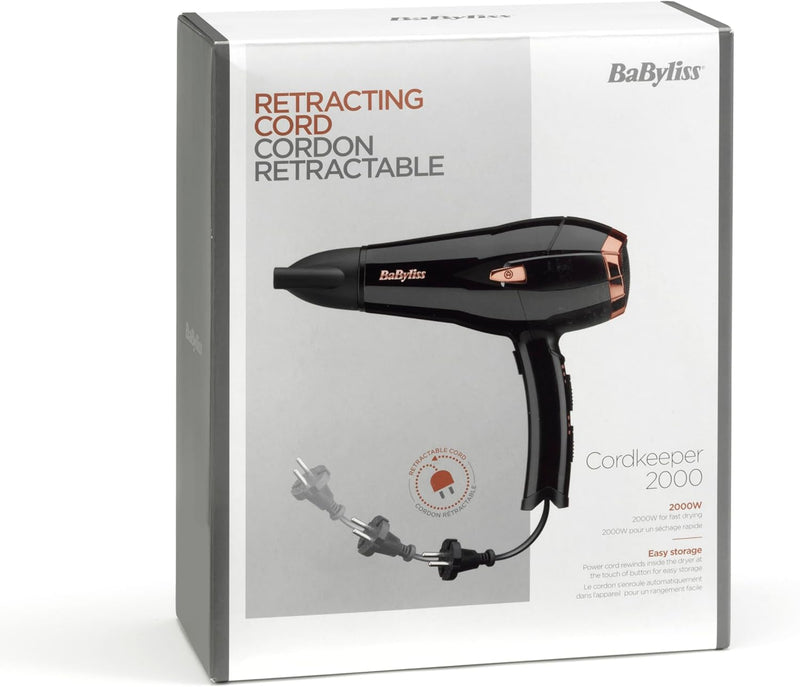 BaByliss Cordkeeper 2000 Ionic-Haartrockner D373E, einzigartige Kabeleinzugsfunktion Im Griff, 2000