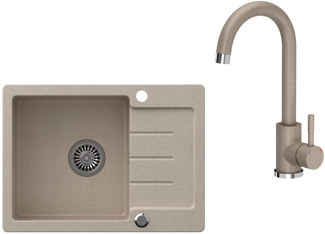 VBChome Spülbecken mit Armatur 60 x 44 cm Einzelbecken Beige Granit Rechteckig Reversibel Einbauspül
