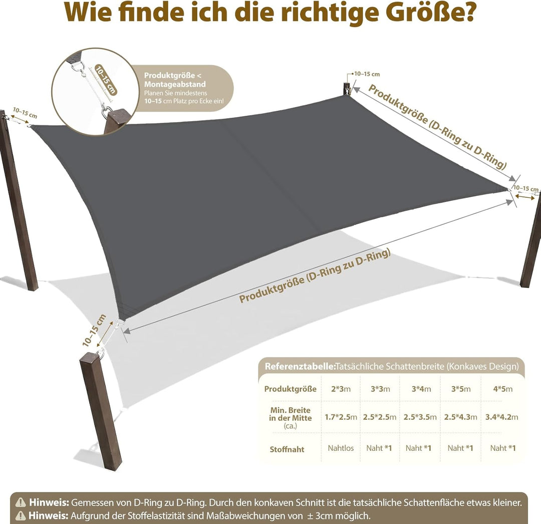 Sekey Sonnensegel Wasserdicht 3x4m Rechteckig, Sonnenschutz hochdichtes PES 160g/m² Wetterfest & Rei