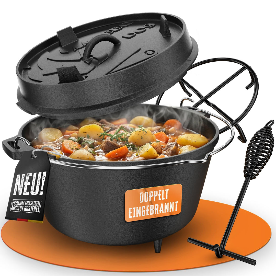 AMZBBQ® Premium Dutch Oven – Doppelt Eingebrannter Gusseisen Feuertopf – Rostbeständiger Schmortopf