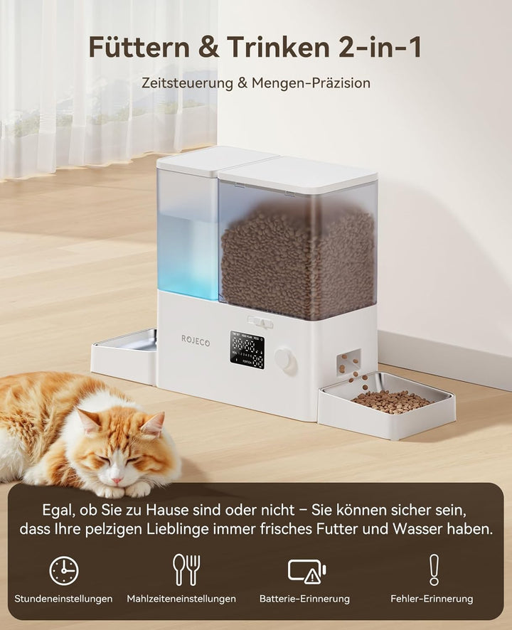 Rojeco 2-in-1 Futterautomat und Wasserspender, 5L Trockenfutter Automat für Katzen mit 3.5L Wasserta