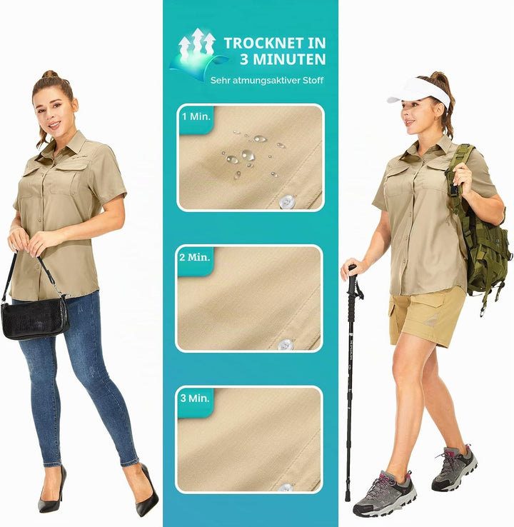 yeyity Hemdbluse Damen Kurzarm UV Schutz Wander Shirt Damen Atmungsaktiv Safari Hemd Schnelltrocknen