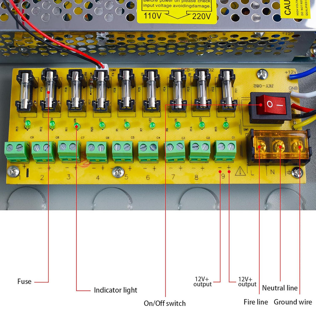 Weishuo 9 Kanal Netzteil Kasten für CCTV Kamera Videoüberwachung Leistungsnetzteil 12V DC10A 120W