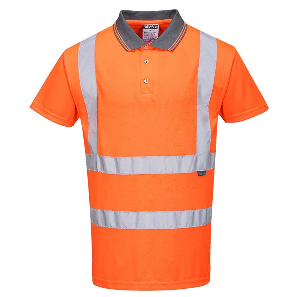 Portwest RT22 Warnschutz Kurzarm Polo Hemd Grosszügige Passform Graue Kragen | Orange, XS, EN ISO 20