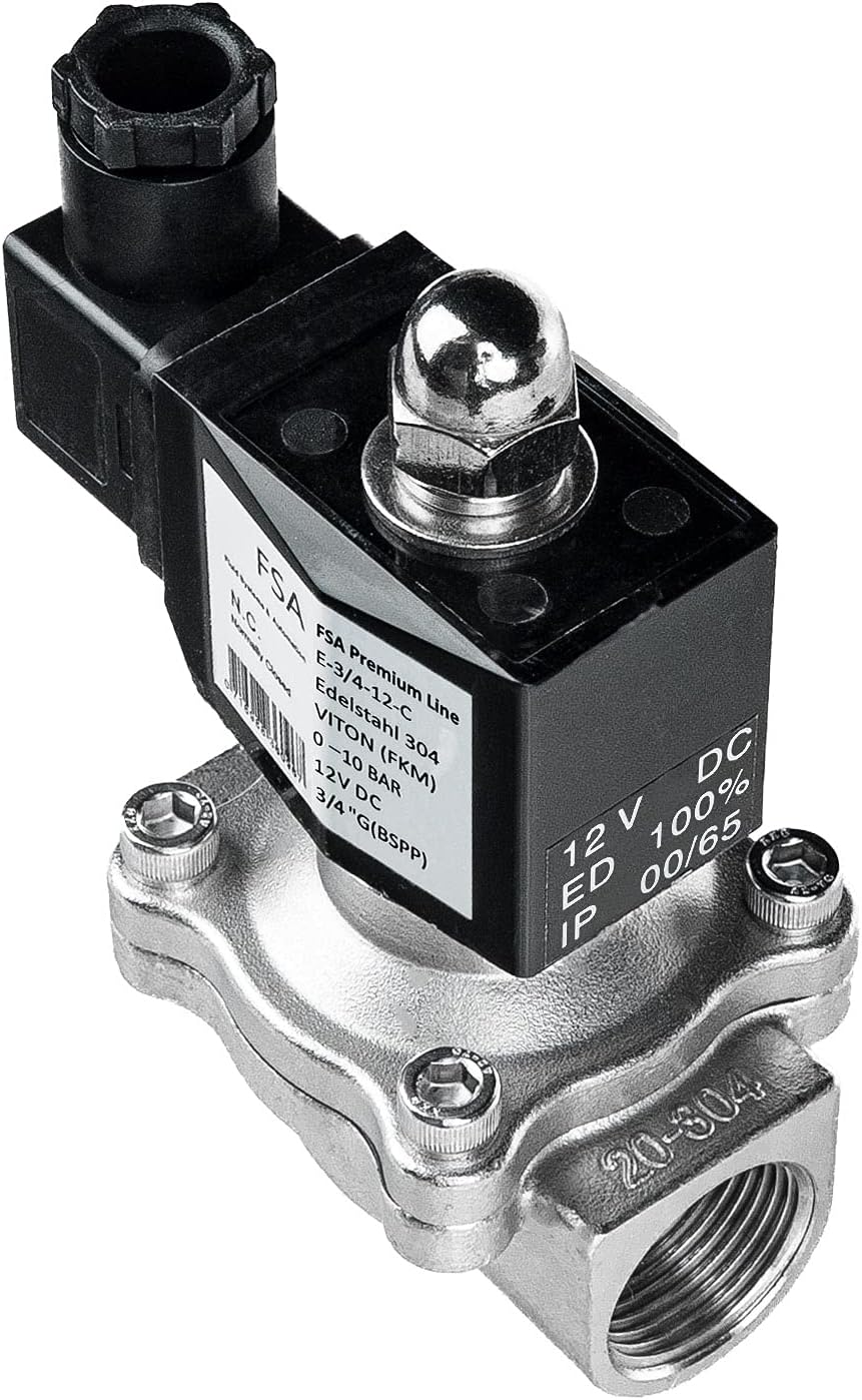 FSA Magnetventil Edelstahl 304 3/4" 12V DC 0-10 bar Viton stromlos geschlossen, 3/4" 12v Dc