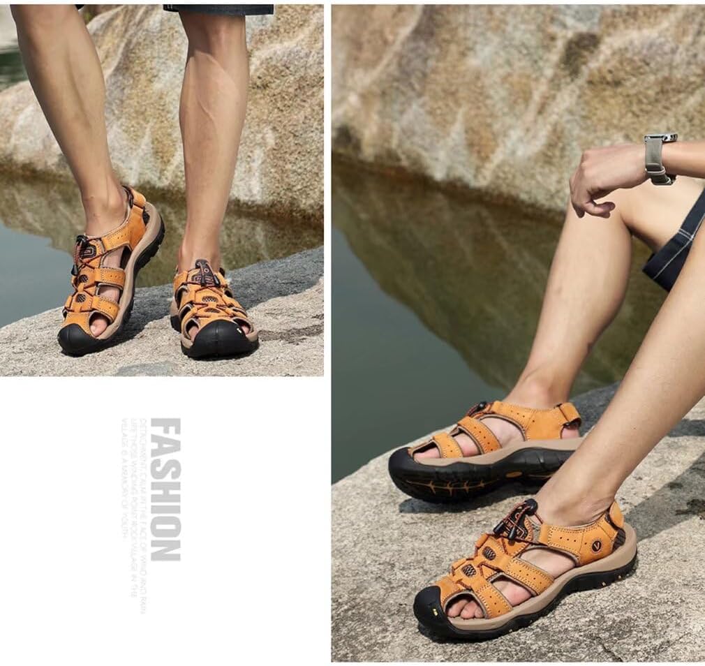 ZYLDK Sandalen Herren Leder Strand Wandersandale Trekkingsandalen Outdoorschuhe Sommer Freizeitschuh