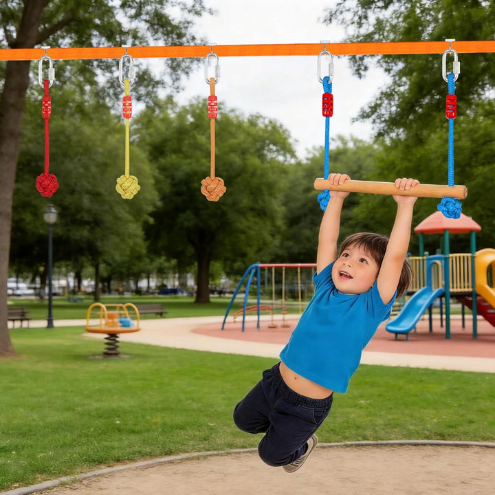 Ninja Warrior Slackline Set für Kinder, Ninja Line Kinder, Slackline 15M Hindernisse Set, Turnringe