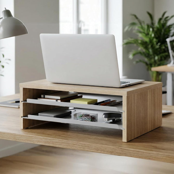 Fenge Monitorständer, Monitorerhöhung mit Ablage, Holz und Metall, Schreibtisch-Organizer für Zuhaus