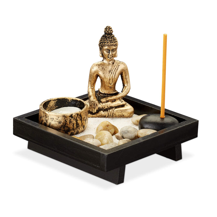 4 x Zen Garten, mit Buddha, Steinen, Sand, Räucherstäbchen & Teelichthalter, Entspannung, Feng Shui