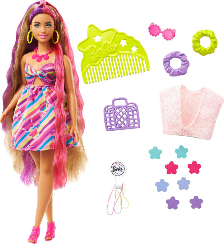 Barbie HCM89 - Totally Hair Puppe (Blond/Bunte Haare) im Blumen Print Kleid mit 15 Zubehör Teilen fü