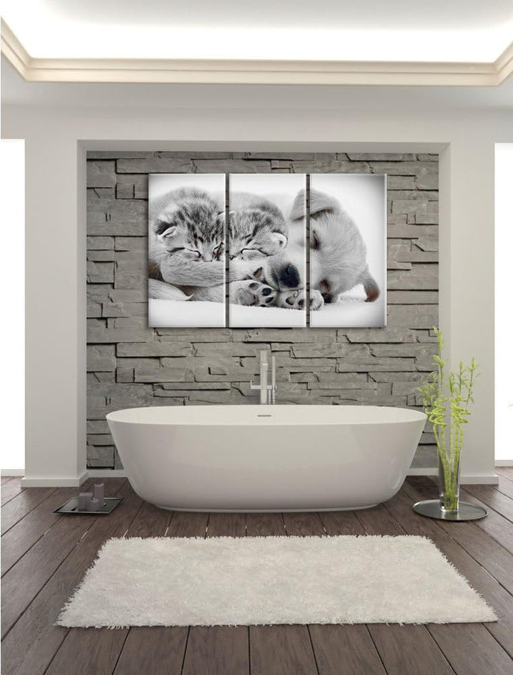 Pixxprint Hundewelpe mit kleinen Kätzchen als Leinwandbild/Grösse: 3 Teilig (120x80) cm/Wandbild/Kun