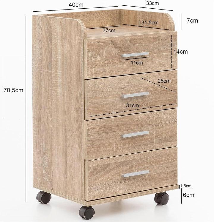 FineBuy Rollcontainer 40 x 70,5 x 33 cm, Schreibtisch-Container Rollschrank 4 Schubladen, Moderner S