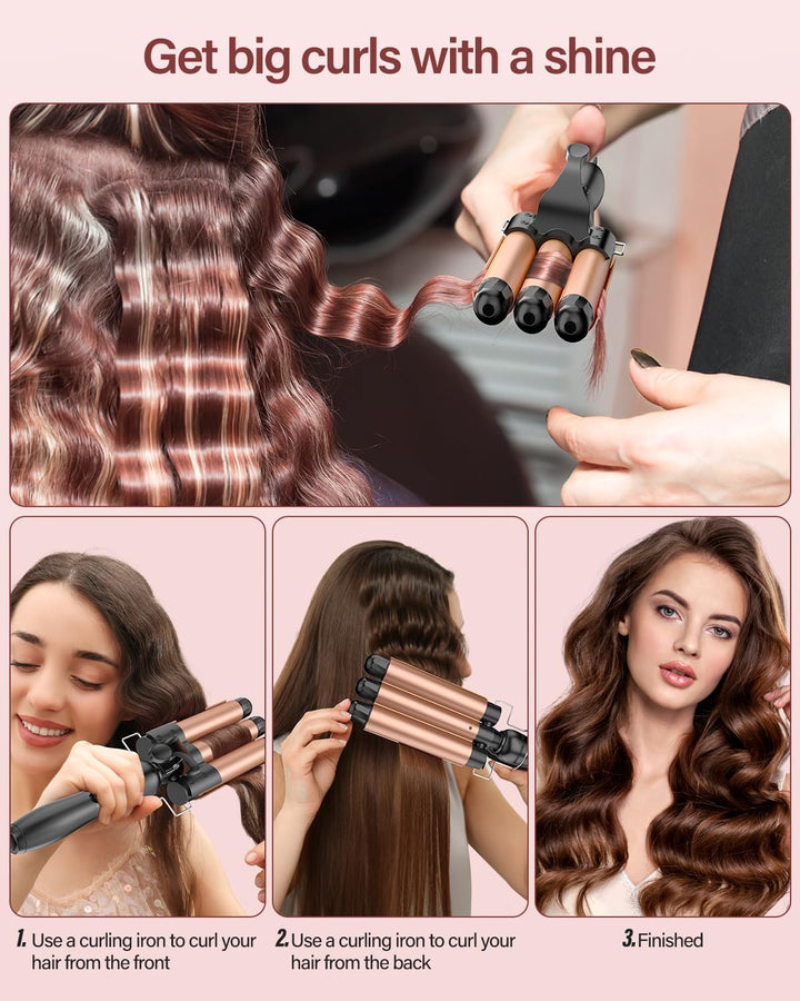 25mm Welleneisen für Haare, Lockenstab 3 Fässer Beach Wave (Or rose), Or Rose